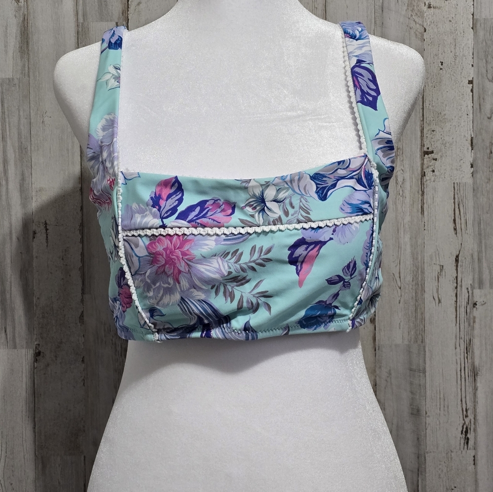 Nanette Lepore Blue Pink White  FloralvBralette Bikini Swim Top Size 10